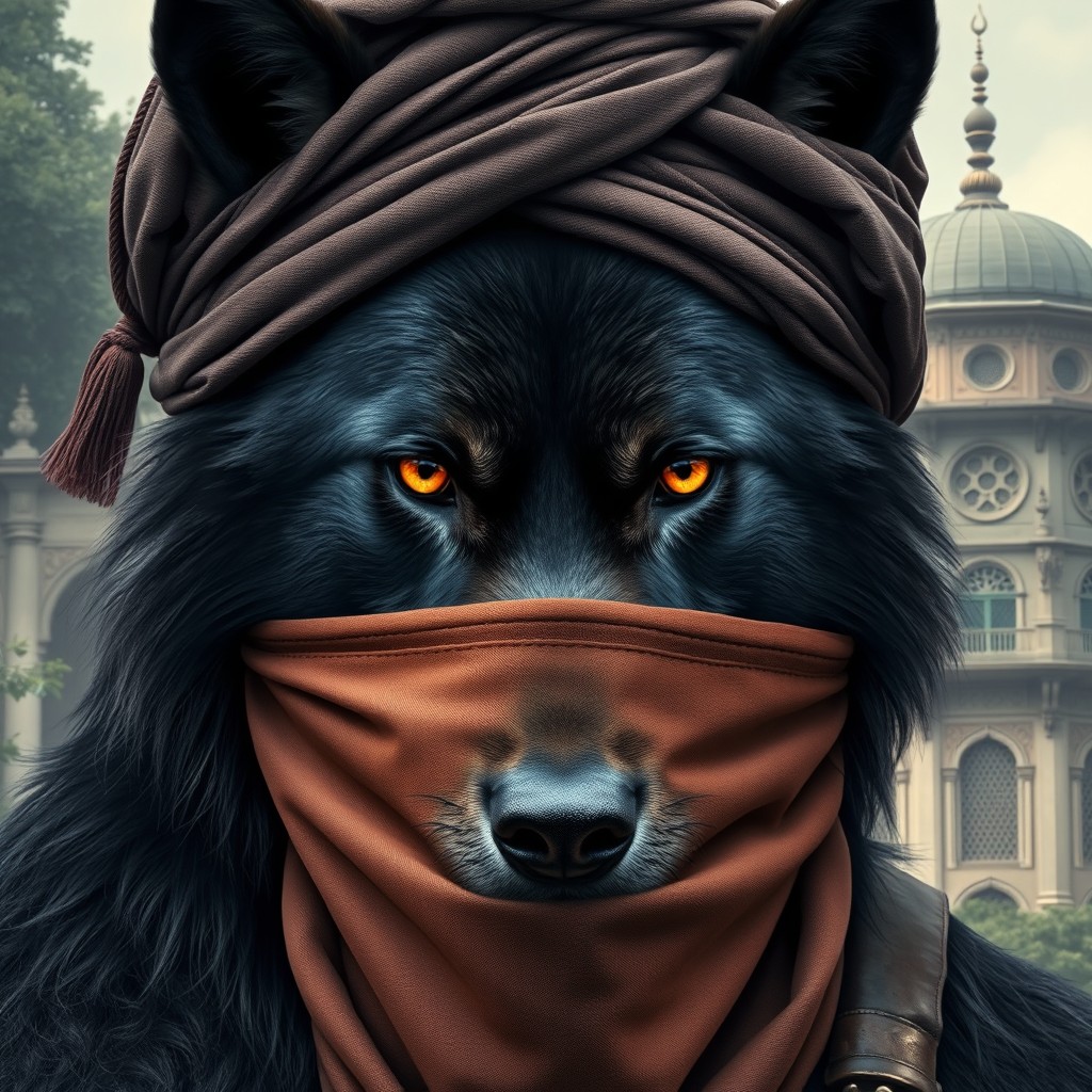 An imposing black wolf with features that blend seamlessly into an Ottoman warrior's visage, partially obscured by a traditional turban and face covering