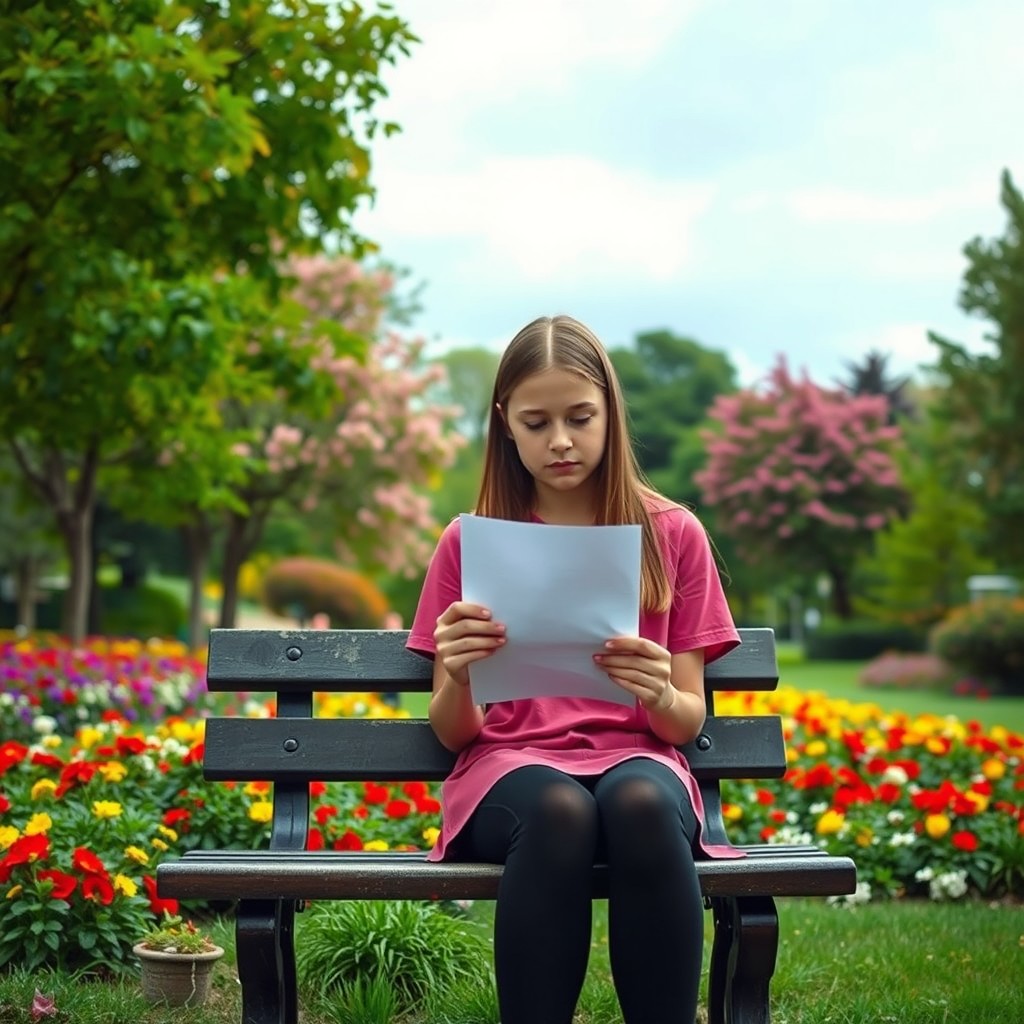 A teenage girl sitting on a park bench, holding a piece of paper with a sad expression on her face
