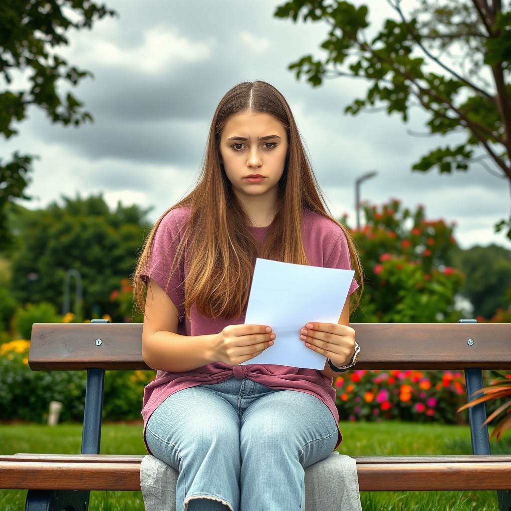 A teenage girl sitting on a park bench, holding a piece of paper while displaying a sad expression