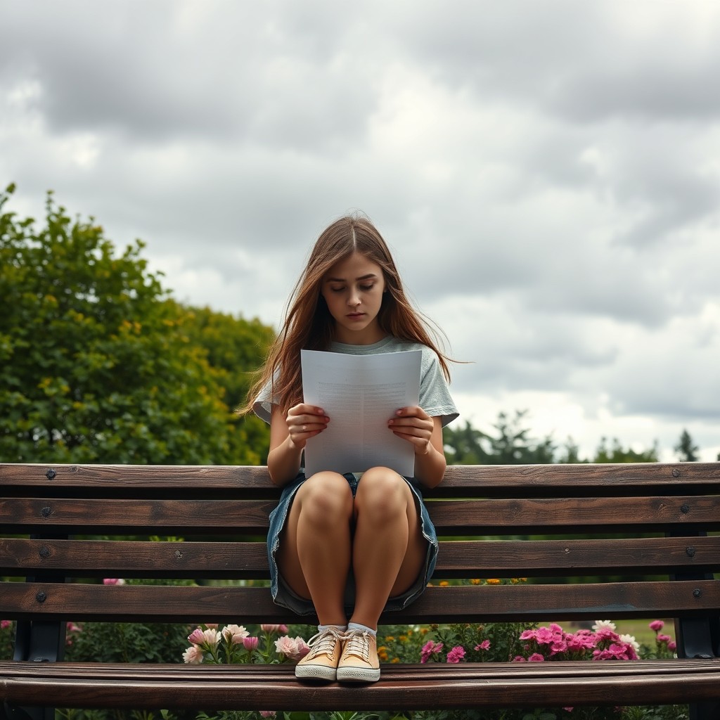 A teenage girl sitting on a park bench, holding a piece of paper with a sad expression