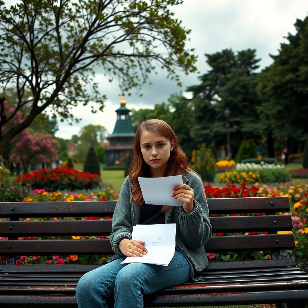 A teenage girl sitting on a park bench, holding a piece of paper with a sad expression