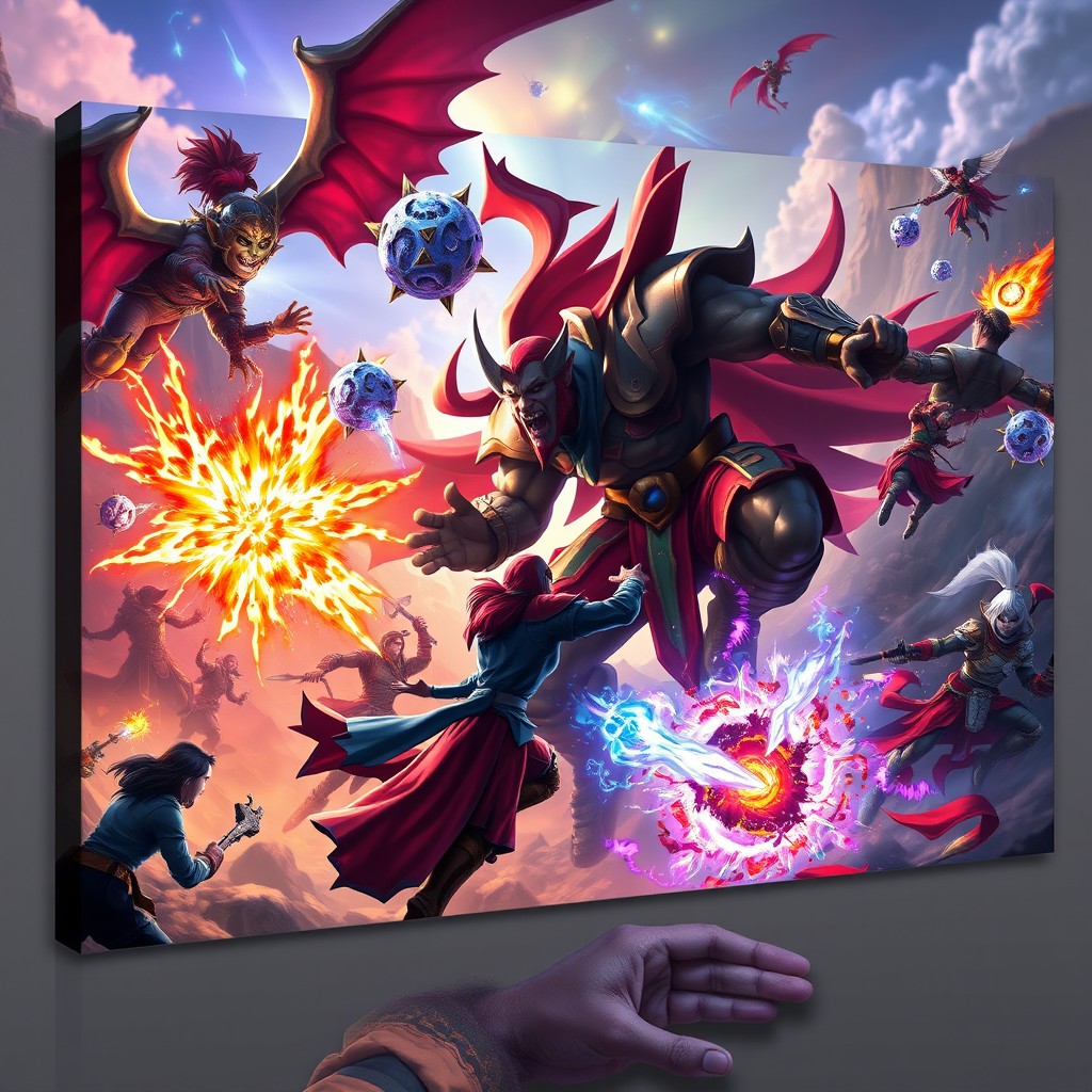 A highly detailed and vibrant digital artwork inspired by Dota 2, showcasing iconic characters and spectacular gameplay moments