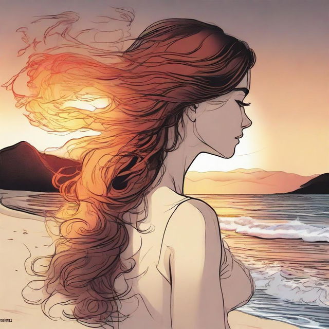 Create a detailed drawing of a side-profile woman, her hair animated by flames, absorbed in viewing a beautiful beach sunset.