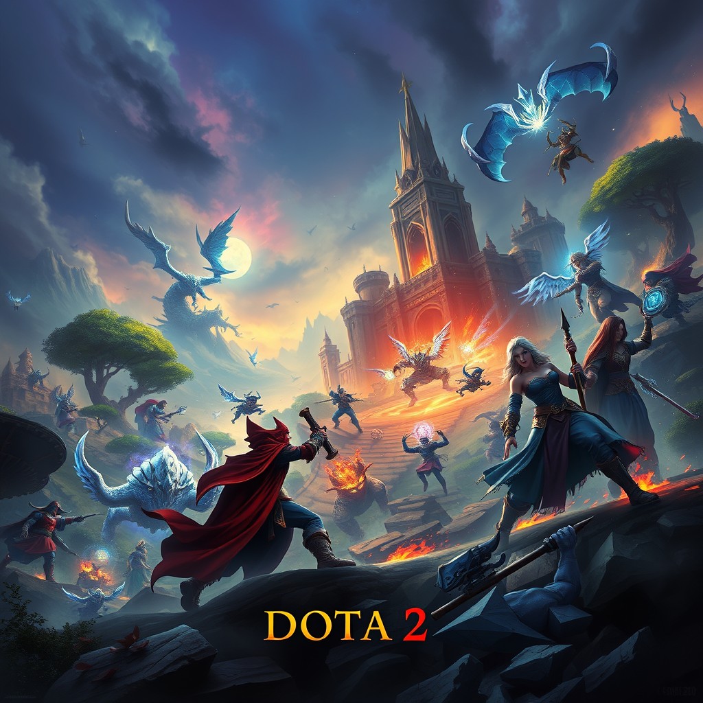 A stunning, high-quality image representing the game Dota 2, featuring iconic heroes and the vibrant, magical landscape typical of the game