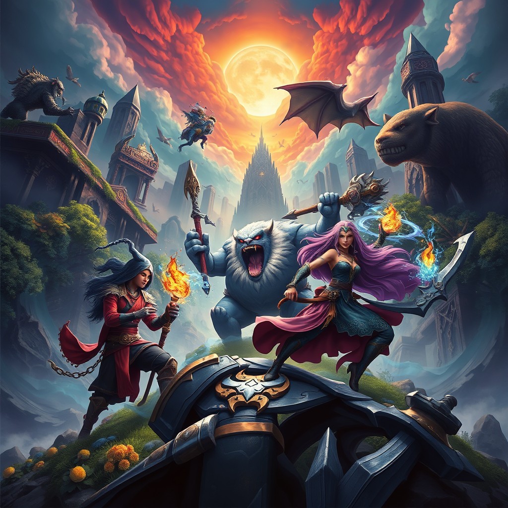 A high-quality artwork inspired by the popular game Dota 2, featuring iconic heroes like Anti-Mage, Pudge, and Lina in an epic battle scene