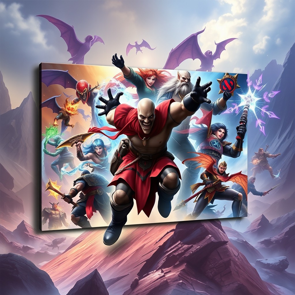 A vibrant and high-quality image inspired by Dota 2, featuring iconic characters and epic battle scenes