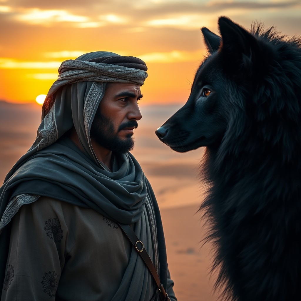 An intense and captivating scene depicting an Arab warrior standing face to face with a powerful black wolf