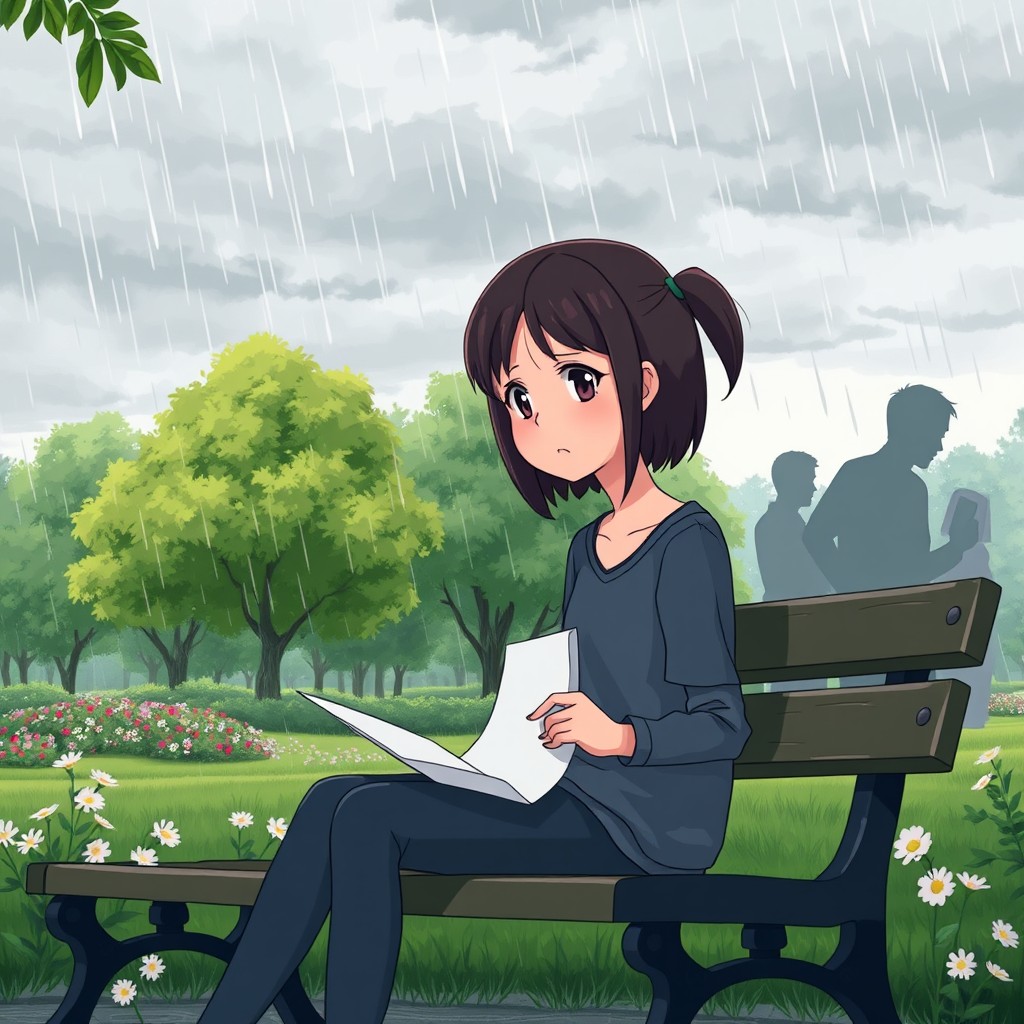 An animation scene depicting a teenage girl sitting on a park bench, holding a piece of paper with a sad expression on her face under a cloudy sky