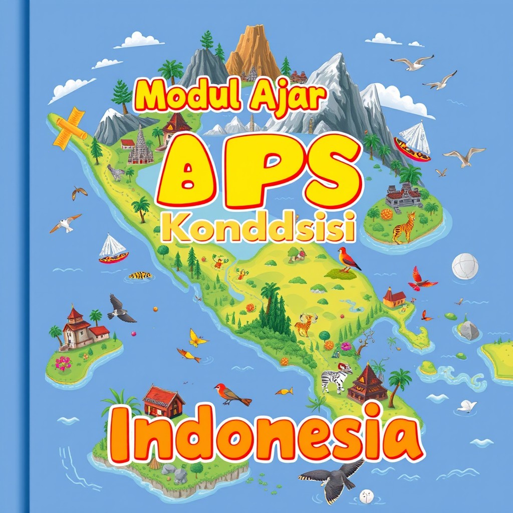 An engaging illustrated cover for an IPS (Ilmu Pengetahuan Sosial) teaching module specifically about the geographical conditions in Indonesia