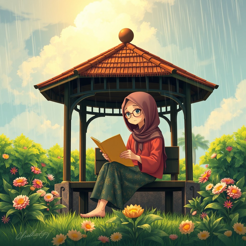 Animasi seorang remaja perempuan duduk di sebuah bangku taman, memegang dan memandang sebuah kertas dengan ekspresi sedih