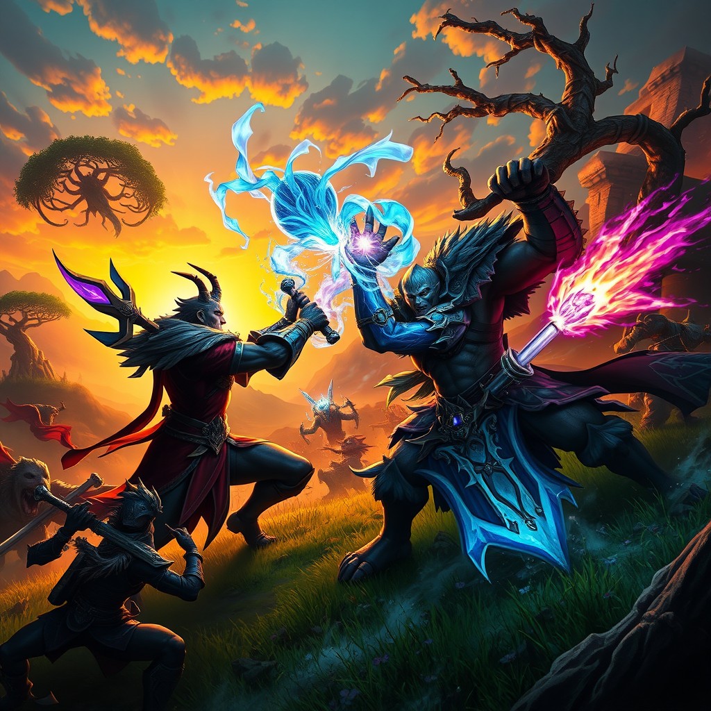An epic battle scene depicting heroes from Dota 2 in a lush, fantastical landscape