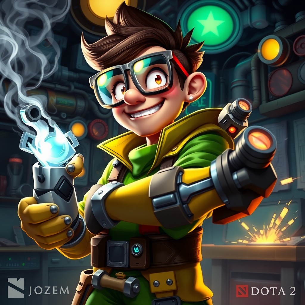 A dynamic character portrait of Tinker from Dota 2, showcasing his unique mechanical arm and high-tech gadgets