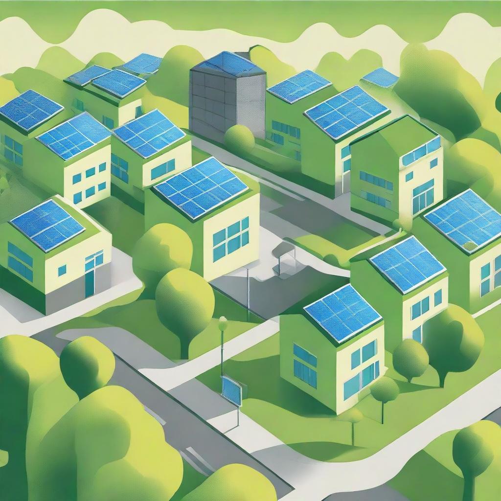 An illustration of a green city, with solar panels on the roofs and trees on the sidewalks.