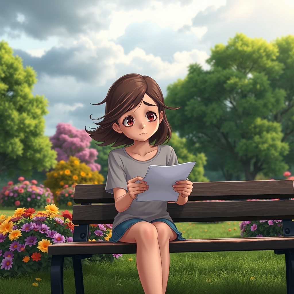 An animation of a teenage girl sitting on a park bench, with a sad expression as she holds and gazes at a piece of paper