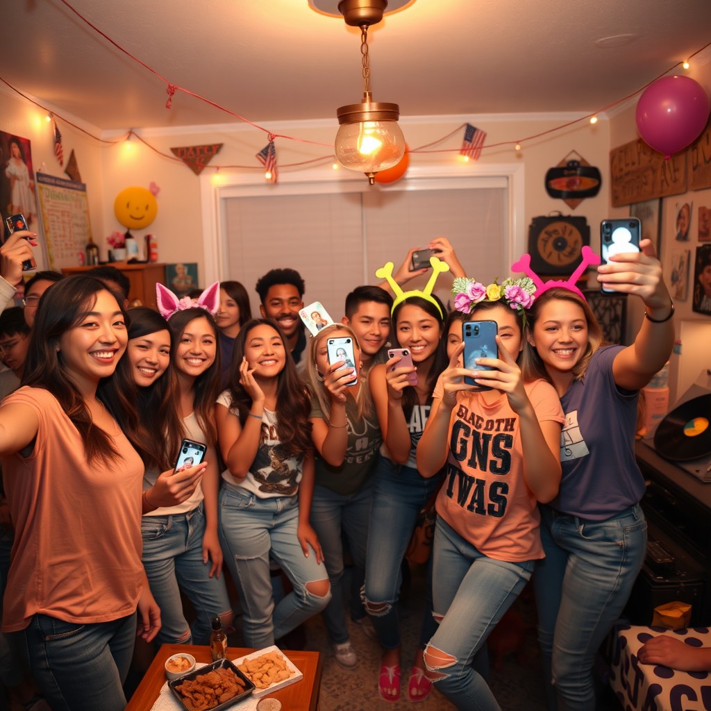 A vibrant and nostalgic scene capturing the essence of early 2011 Snapchat, featuring a group of young adults gathered at a cozy, lively house party