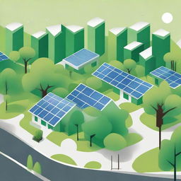 An illustration of a green city, with solar panels on the roofs and trees on the sidewalks.