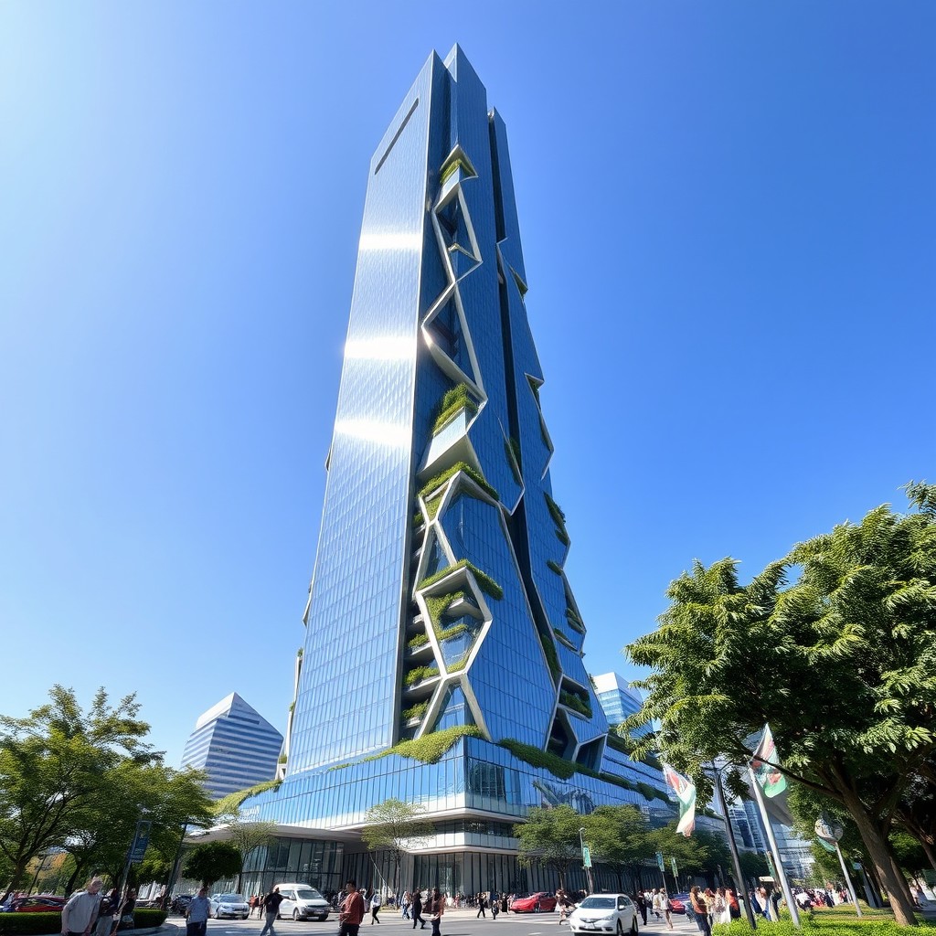 A stunning modern skyscraper, featuring a sleek glass facade and unique geometric shapes