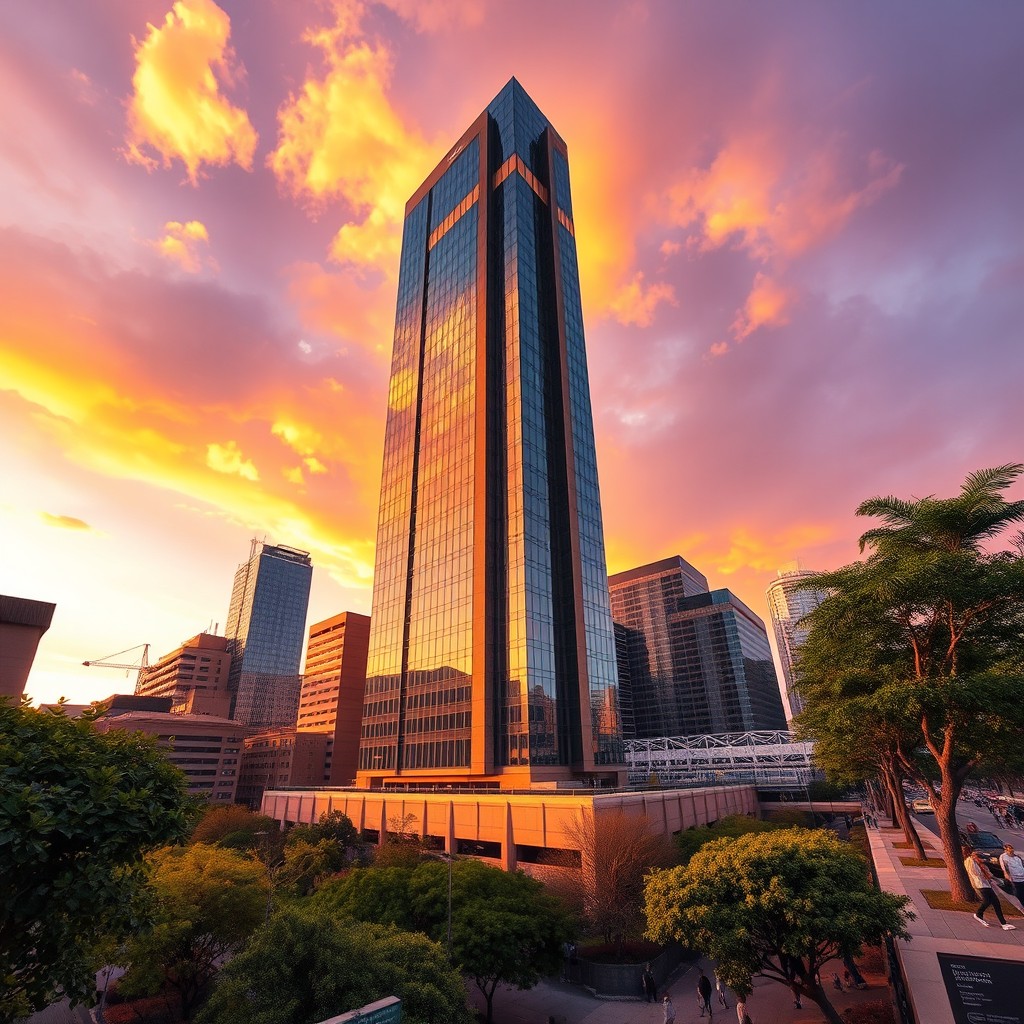An impressive modern skyscraper in an urban setting, designed with sleek glass panels and a unique architectural shape