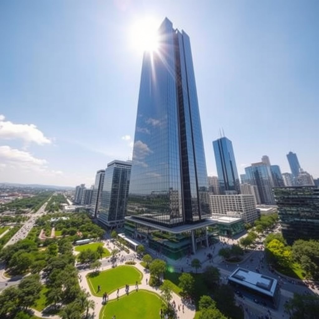 A stunning, modern skyscraper showcasing sleek glass and steel architecture, reaching high into the bright blue sky