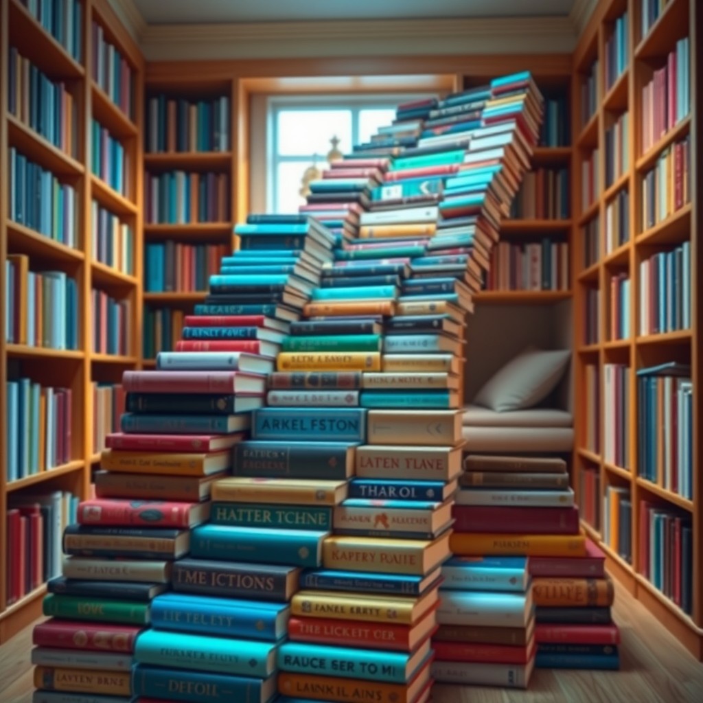 A visually striking arrangement of colorful books stacked in the shape of a staircase, each book showcasing unique cover designs and patterns