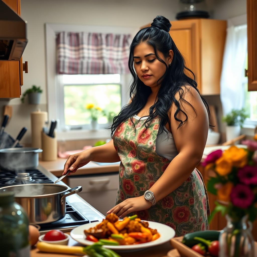 A super thick Latina housewife in her cozy kitchen, focused on preparing a delicious dinner