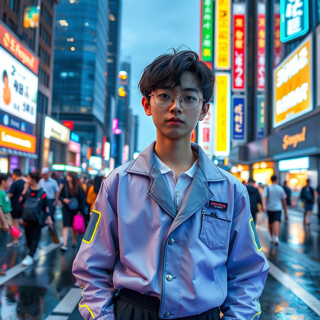 A student wearing a trendy cyberpunk school uniform, set against a vibrant Seoul, South Korea cityscape