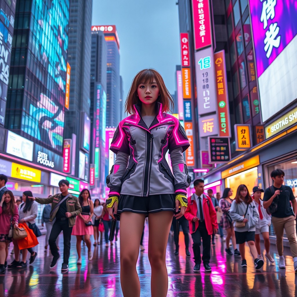 A futuristic cyberpunk school uniform set in a vibrant urban environment of Seoul, South Korea