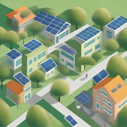 An illustration of a green city, with solar panels on the roofs and trees on the sidewalks.