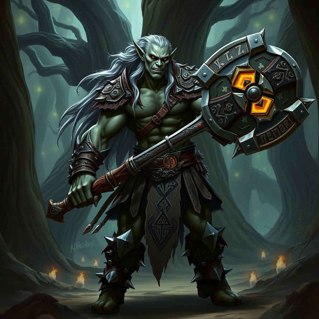 A Drow hybrid character, embodying the features of both Drow and Orc, standing fiercely in a battle-ready pose