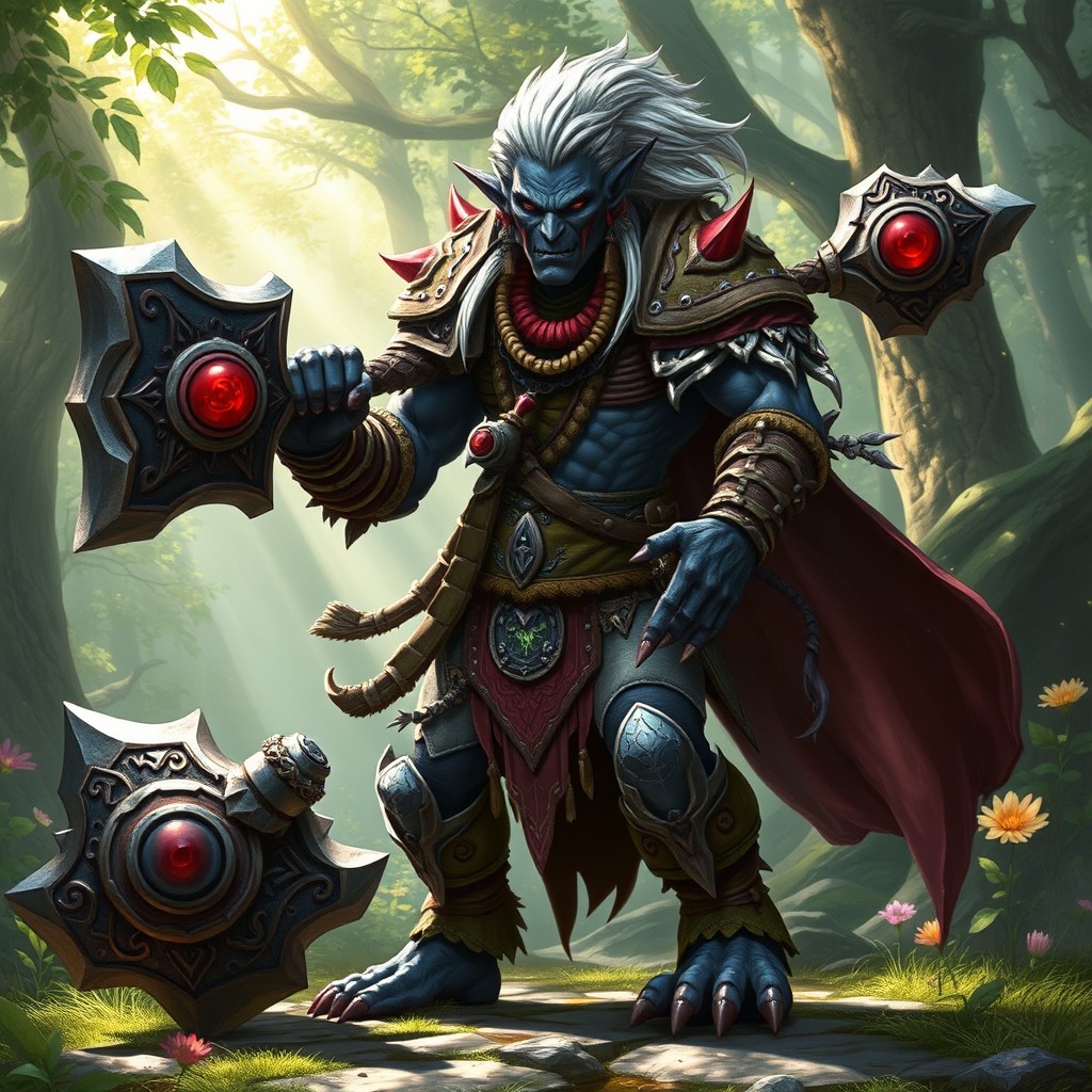 A drow hybrid character depicting a powerful and fierce simic barbarian wielding a massive two-handed warhammer