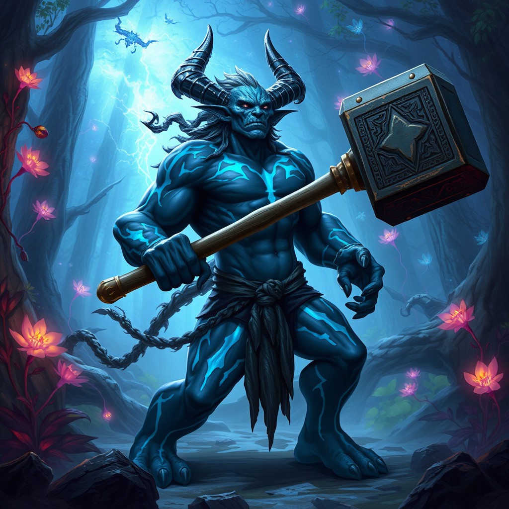 A hybrid drow simic barbarian wielding a massive two-handed hammer, showcasing an impressive blend of drow features and simic traits
