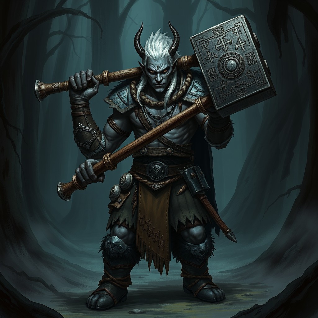 A powerful half-drow hybrid barbarian wielding a massive two-handed hammer, standing in a dark forest setting