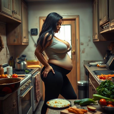A Mexican housewife with deep cleavage and a voluptuous figure is cooking dinner in a humble, slightly dingy kitchen