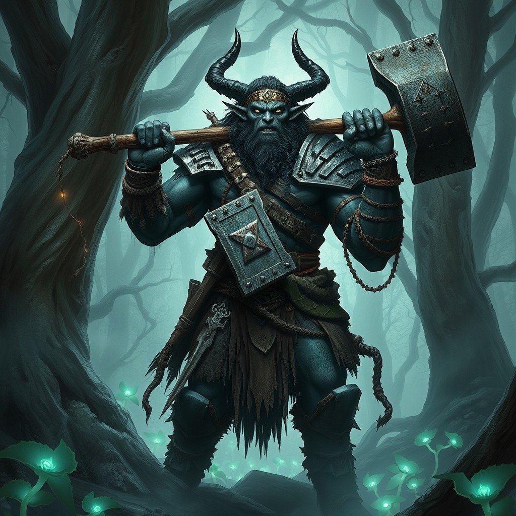 A fierce drow barbarian wielding a massive two-handed hammer, characterized by dark skin, sharp facial features, and intense, glowing eyes