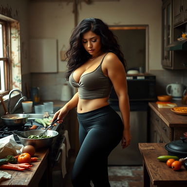 A sexy, thick Colombian housewife with deep cleavage and gigantic breasts is in her dingy kitchen, skillfully cooking dinner