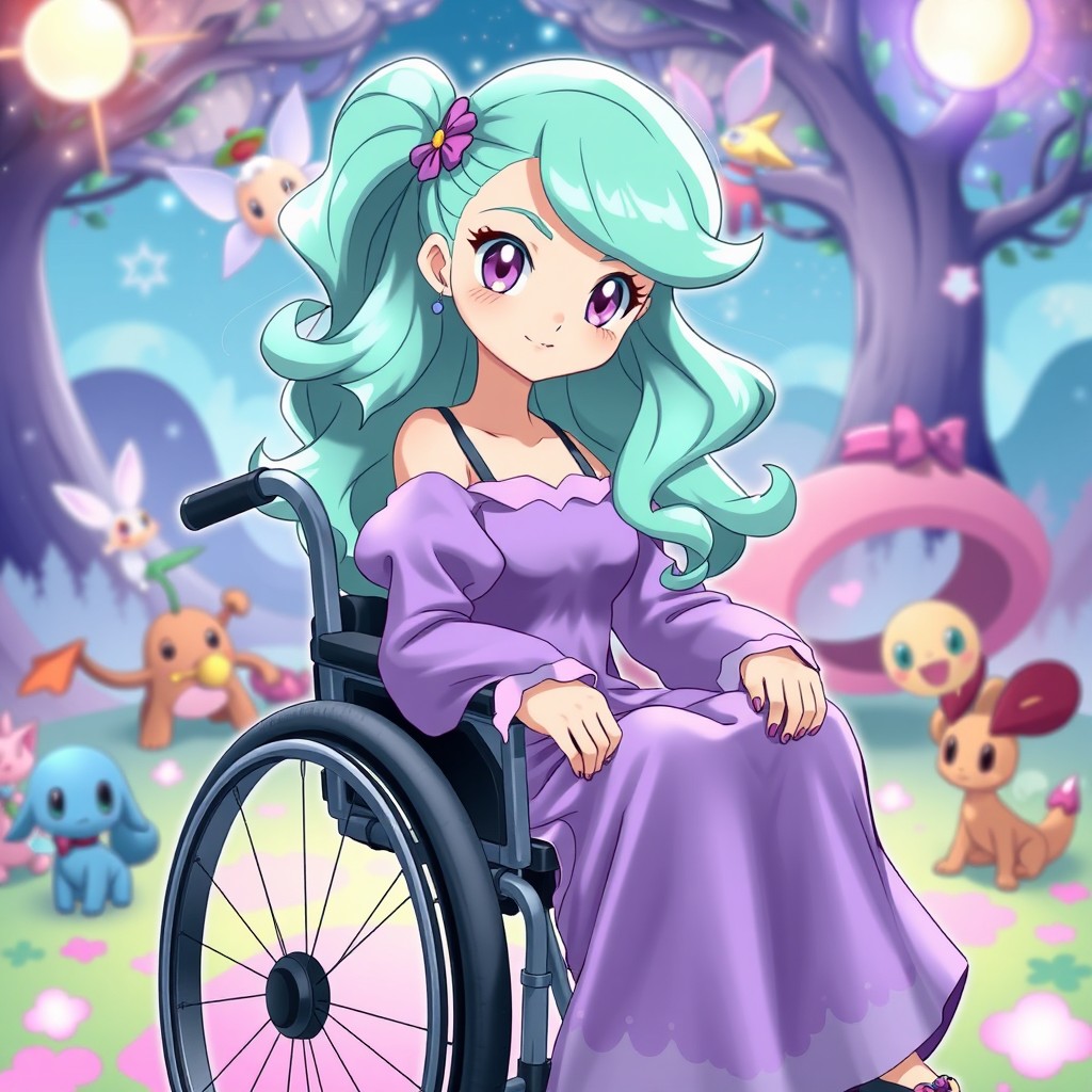 A mint-haired Pokémon trainer with long, wavy hair styled in a half ponytail and large, sparkling purple eyes