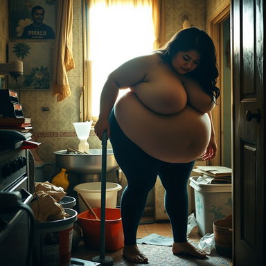 A super thick Colombian housewife with gigantic breasts and deep cleavage is energetically cleaning her dingy house
