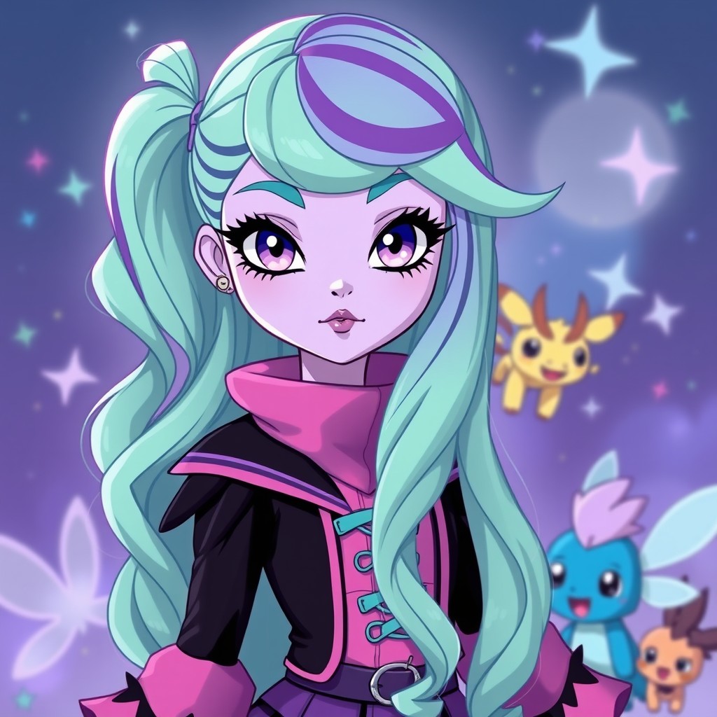 A character inspired by Twyla Boogeyman from Monster High, reimagined in the style of modern Pokémon