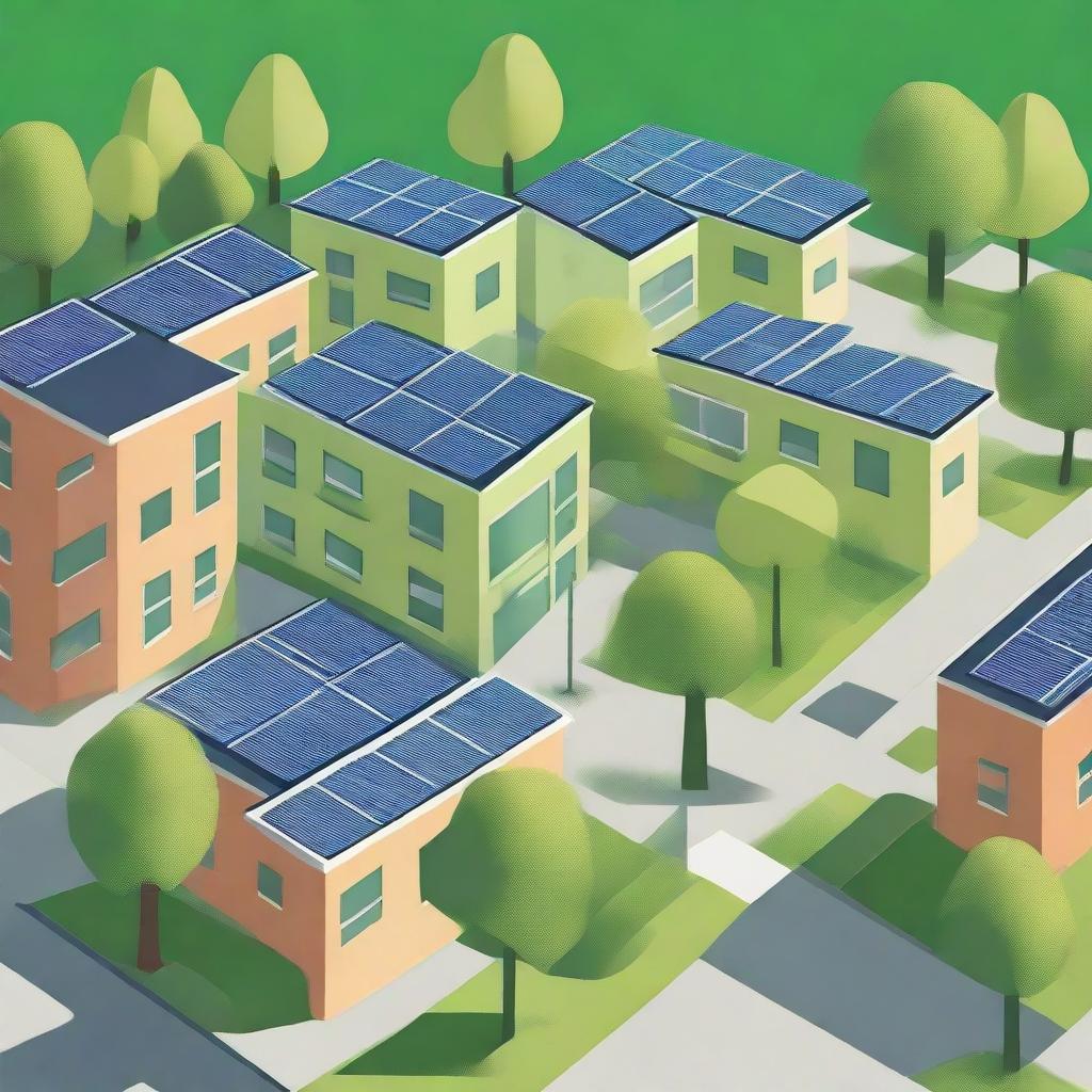 An illustration of a green city, with solar panels on the roofs and trees on the sidewalks.