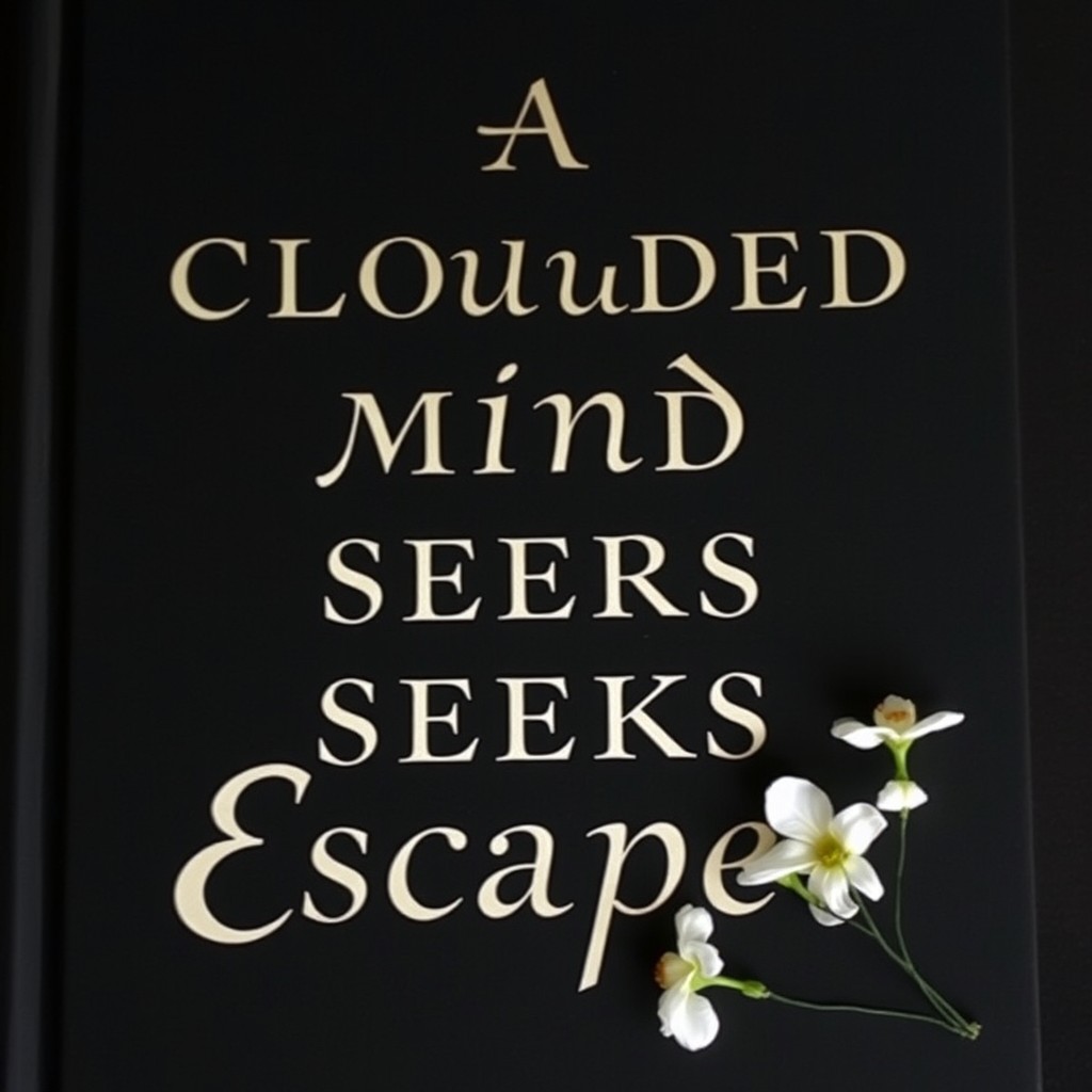 A dark book cover featuring the phrase in beautiful, artistic lettering: "A Clouded Mind Seeks Escapes"
