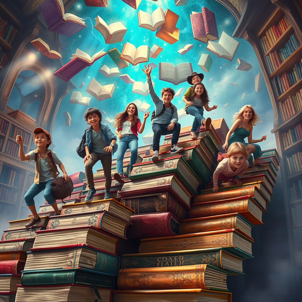 A whimsical scene depicting a group of young adults using oversized books as a staircase, ascending to reach a vibrant and magical book-filled world above them