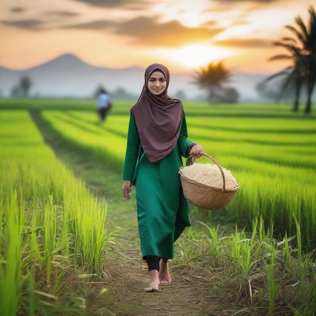 A beautiful Turkish teenager in a hijab and hoodie, walking with a basket of rice along the edge of a lush green rice field in an Indonesian village, with a beautiful sunset behind her and a farmer in the background.