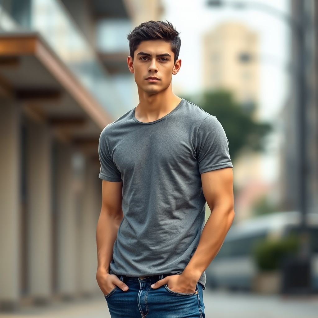 A tall, athletic young white man aged 18-25, approximately 190 centimeters tall, with short black hair