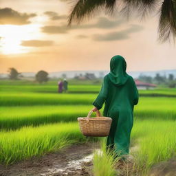 A beautiful Turkish teenager in a hijab and hoodie, walking with a basket of rice along the edge of a lush green rice field in an Indonesian village, with a beautiful sunset behind her and a farmer in the background.