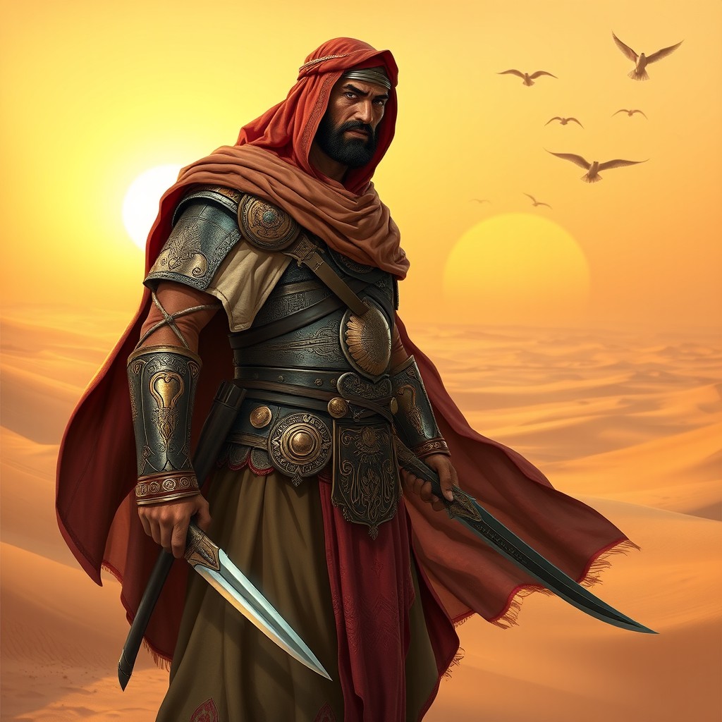 An ancient Arab warrior in traditional armor, standing proudly with a fierce expression