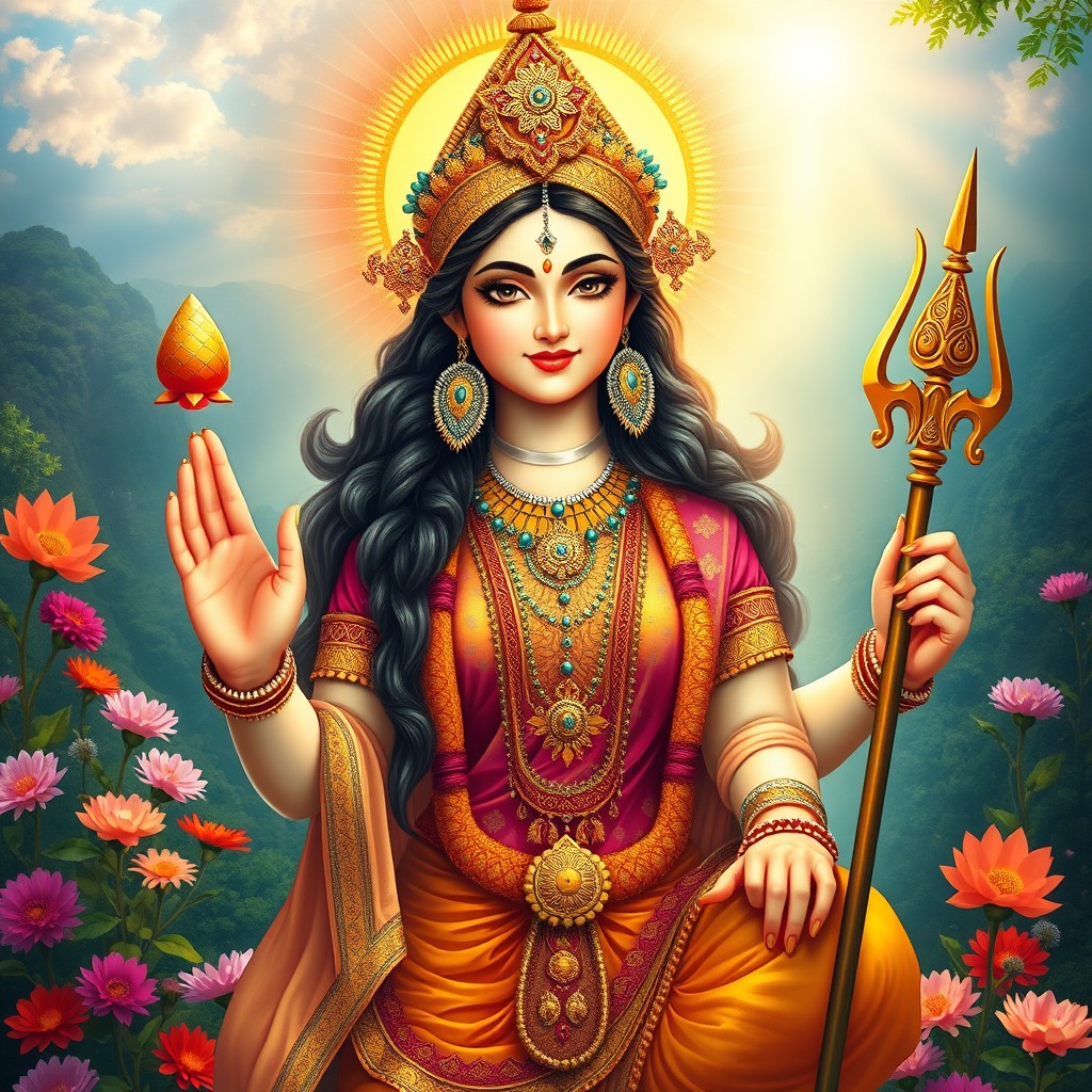 A stunning portrayal of a Hindu Devi, radiating divine beauty and grace