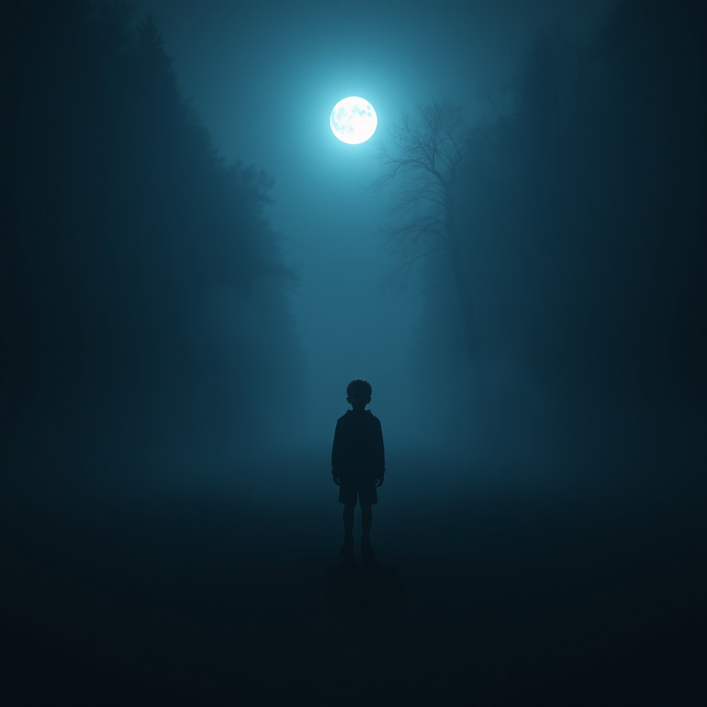 A faceless solitary boy standing in a distant and dark place, surrounded by shadowy and eerie surroundings
