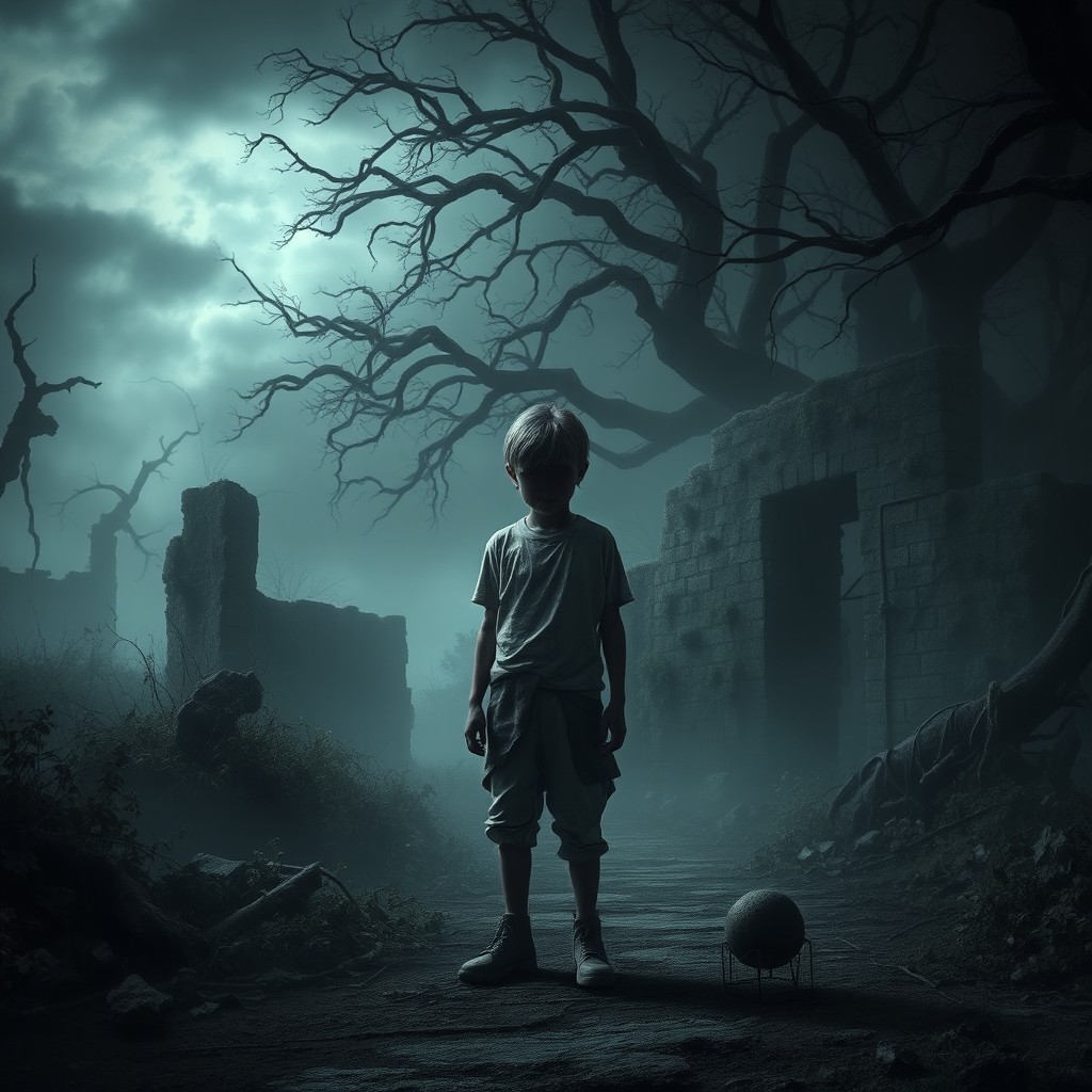 A solitary faceless boy standing in a dark, distant place