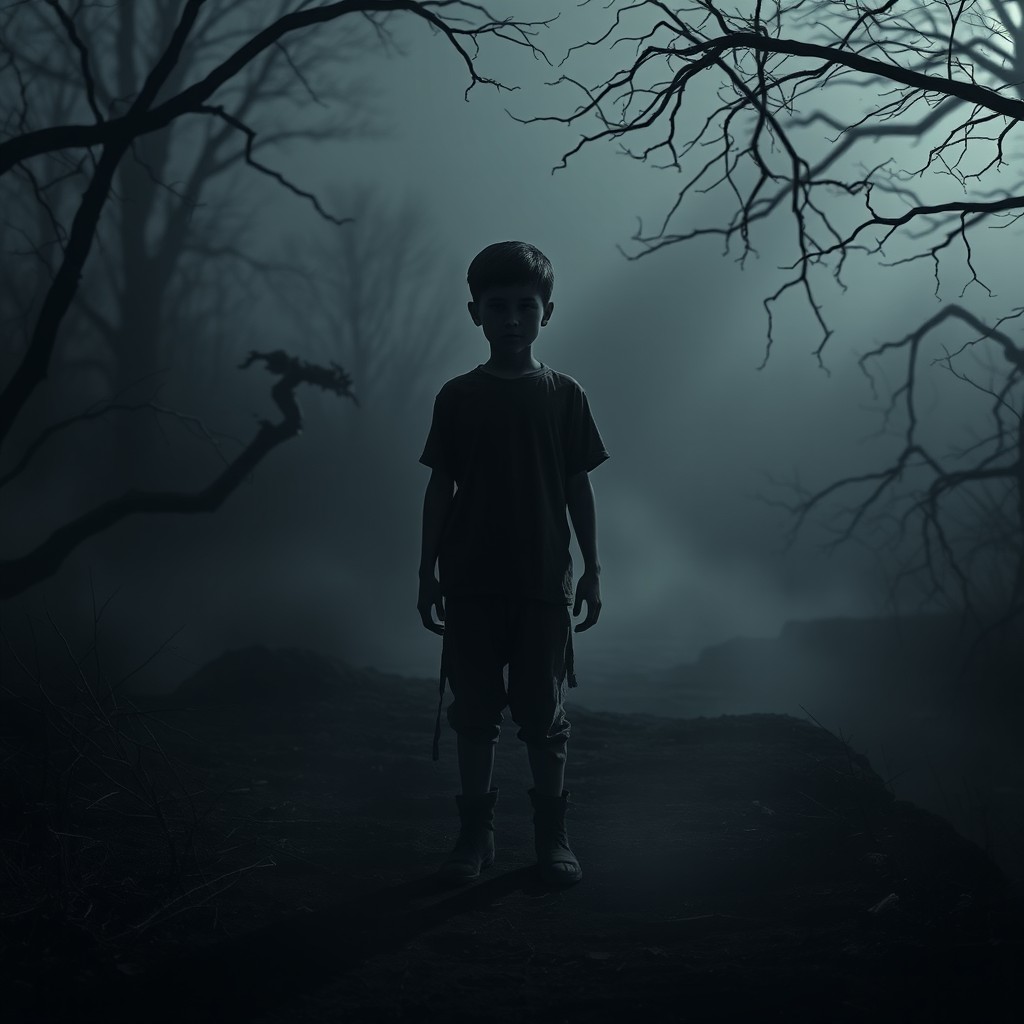 A solitary faceless boy standing in a distant, dark, and eerie landscape
