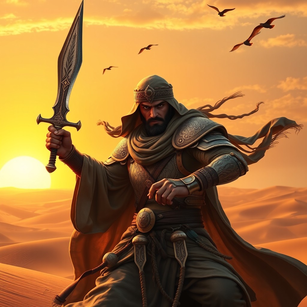 An ancient Arab warrior wielding a Zulfikar sword, known for its distinctive double-pointed blade